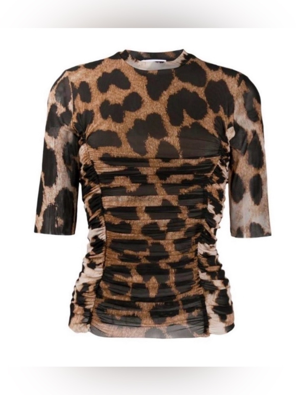 Ganni Ruched Leopard Print Stretch Mesh in Brown/Black - Size 44 (Size XL)
